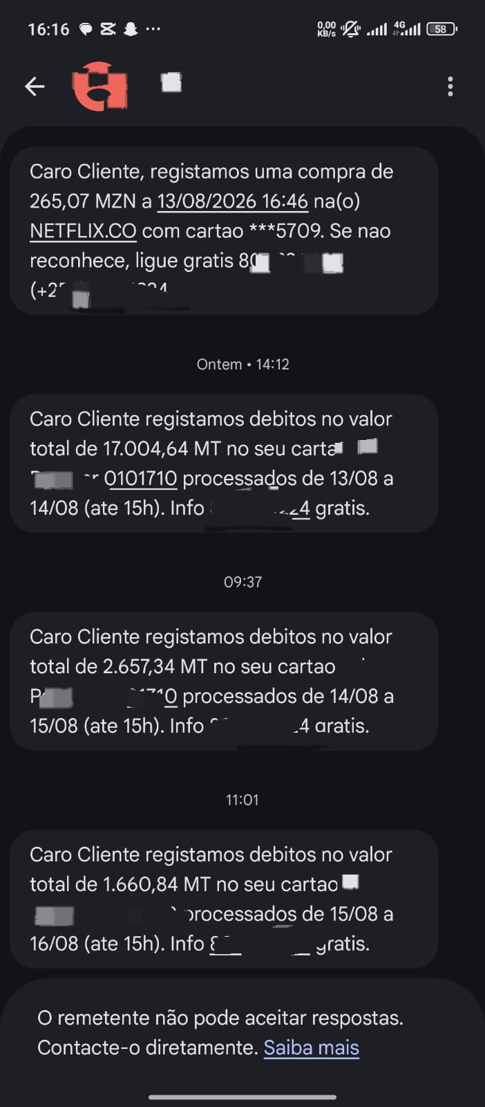 SMS de débitos de compras internacionais com cartão físico