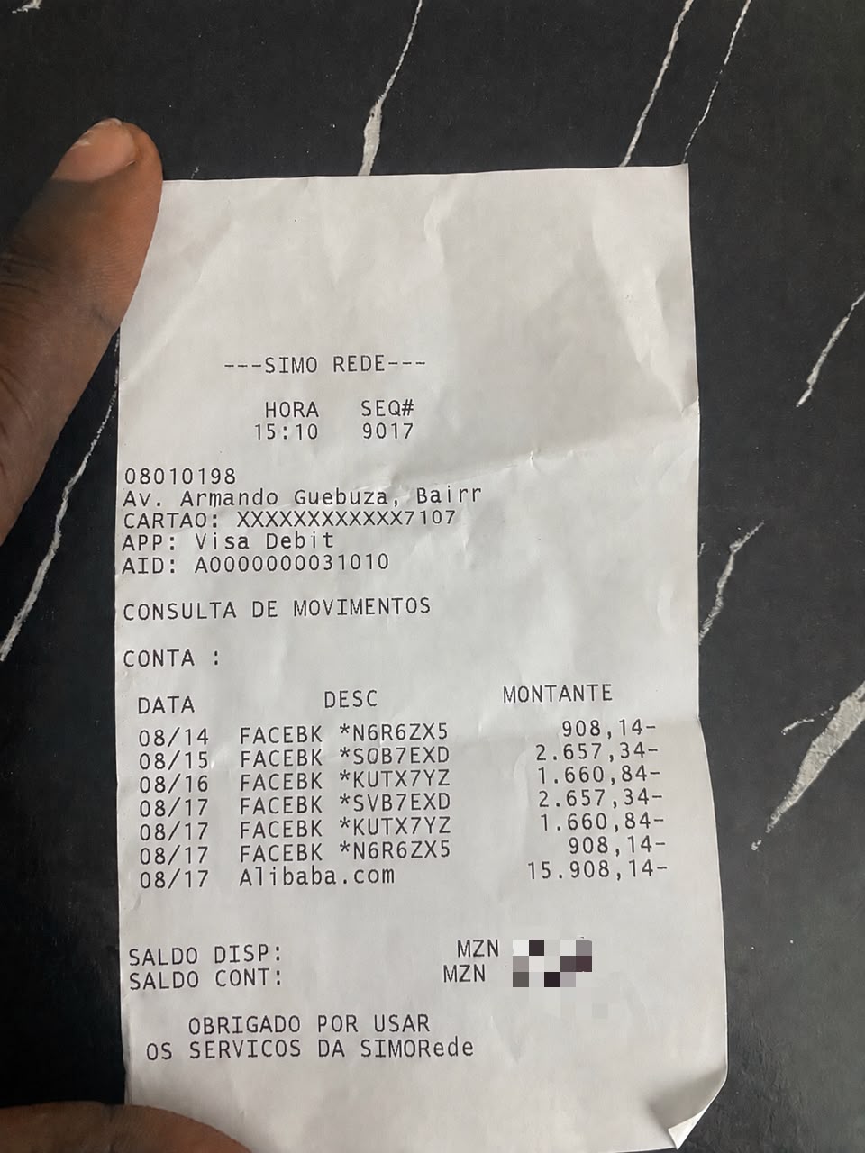 Extracto SIMO com pagamentos online recentes feitos com cartão físico