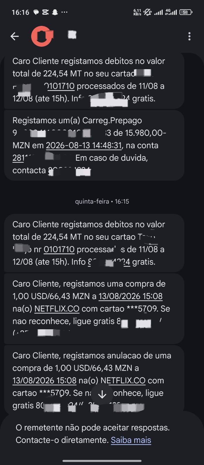 SMS de recarga e compras internacionais com cartão físico