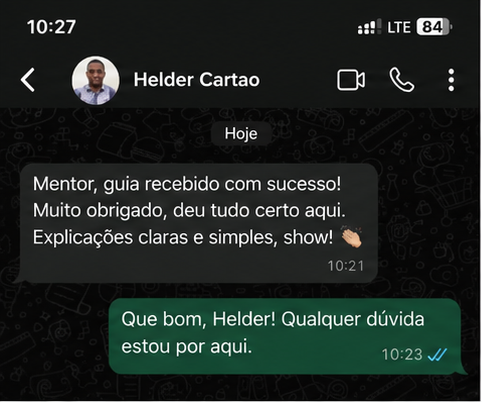 Cliente confirma que recebeu o guia com sucesso
