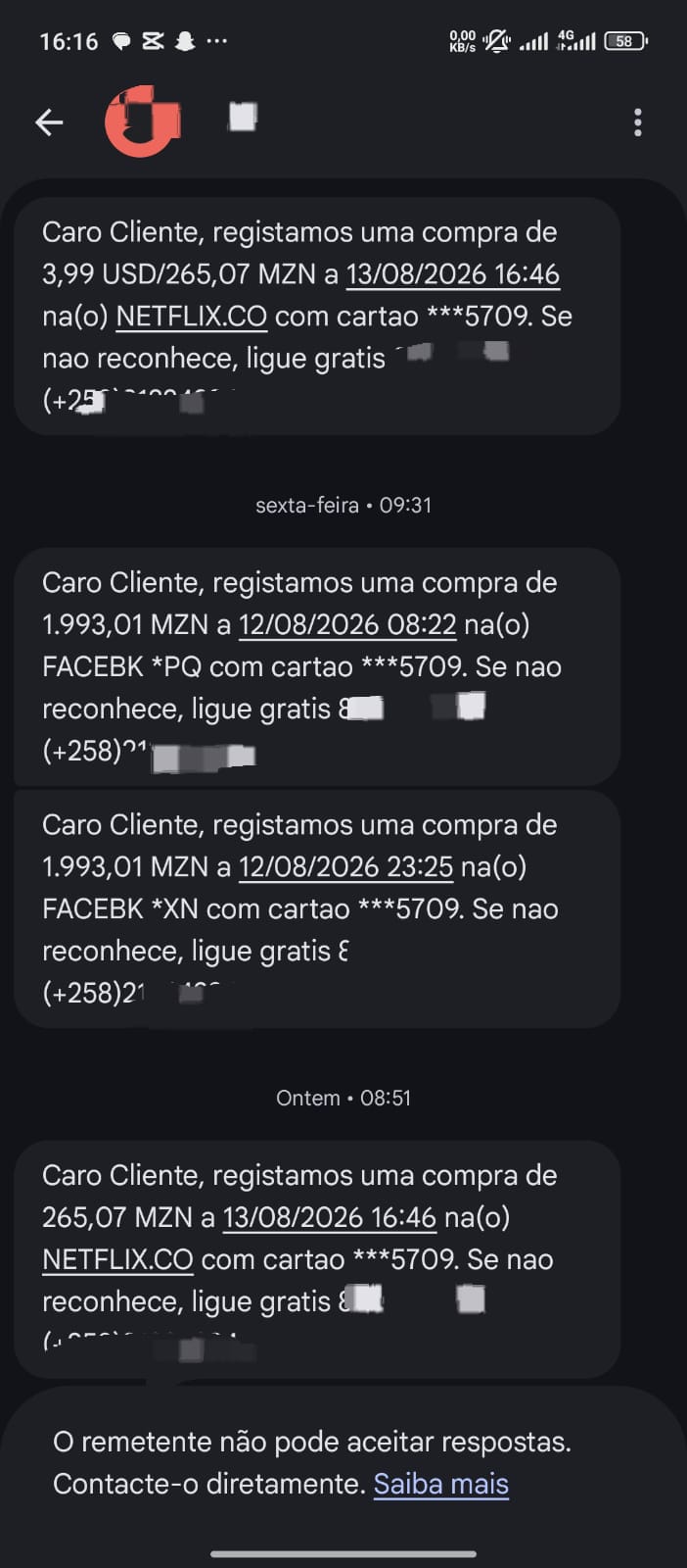 SMS de compras online aprovadas com cartão físico